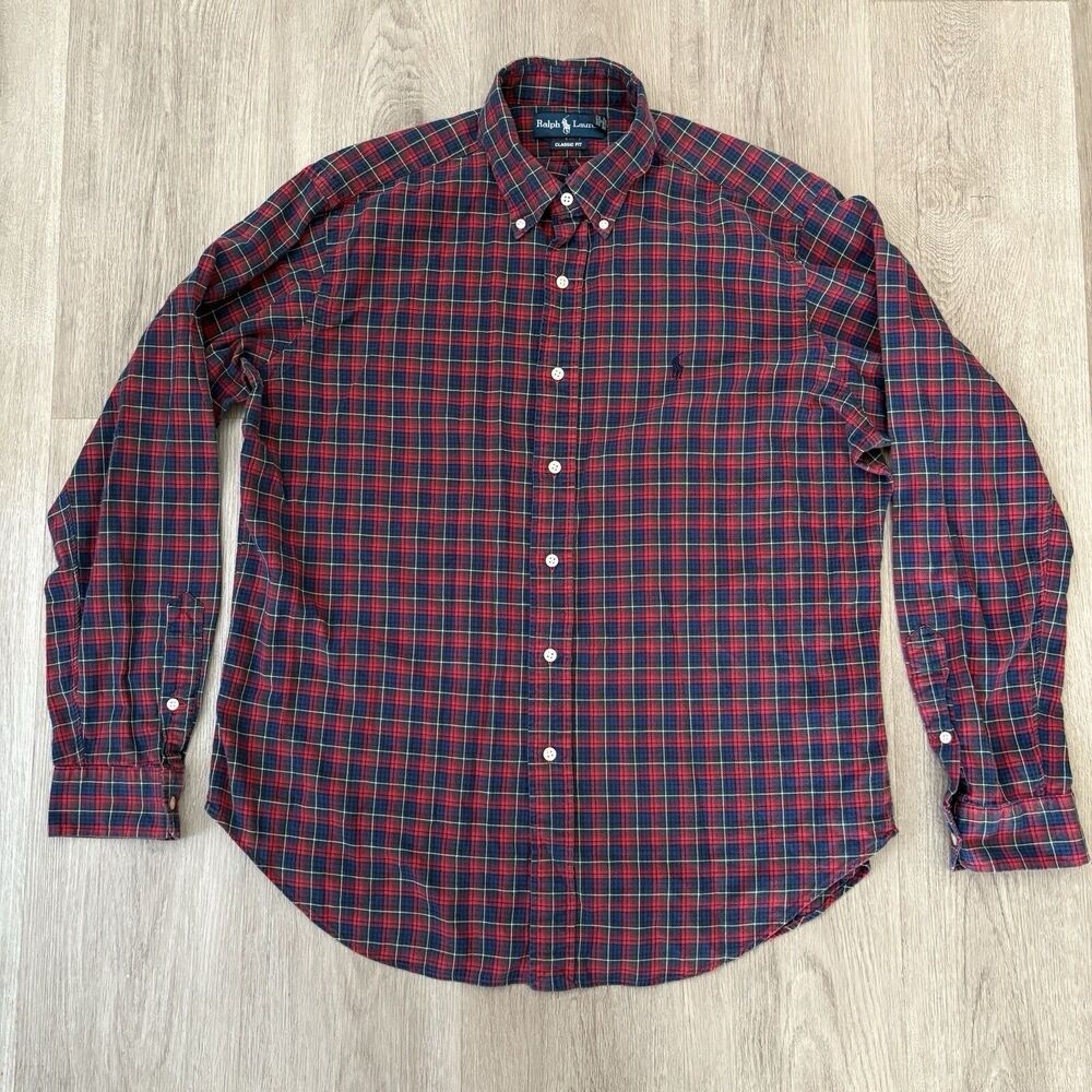 VTG‎ Polo Ralph Lauren Men’s Button Up L Plaid Red Green Navy Shirt CLASSIC FIT